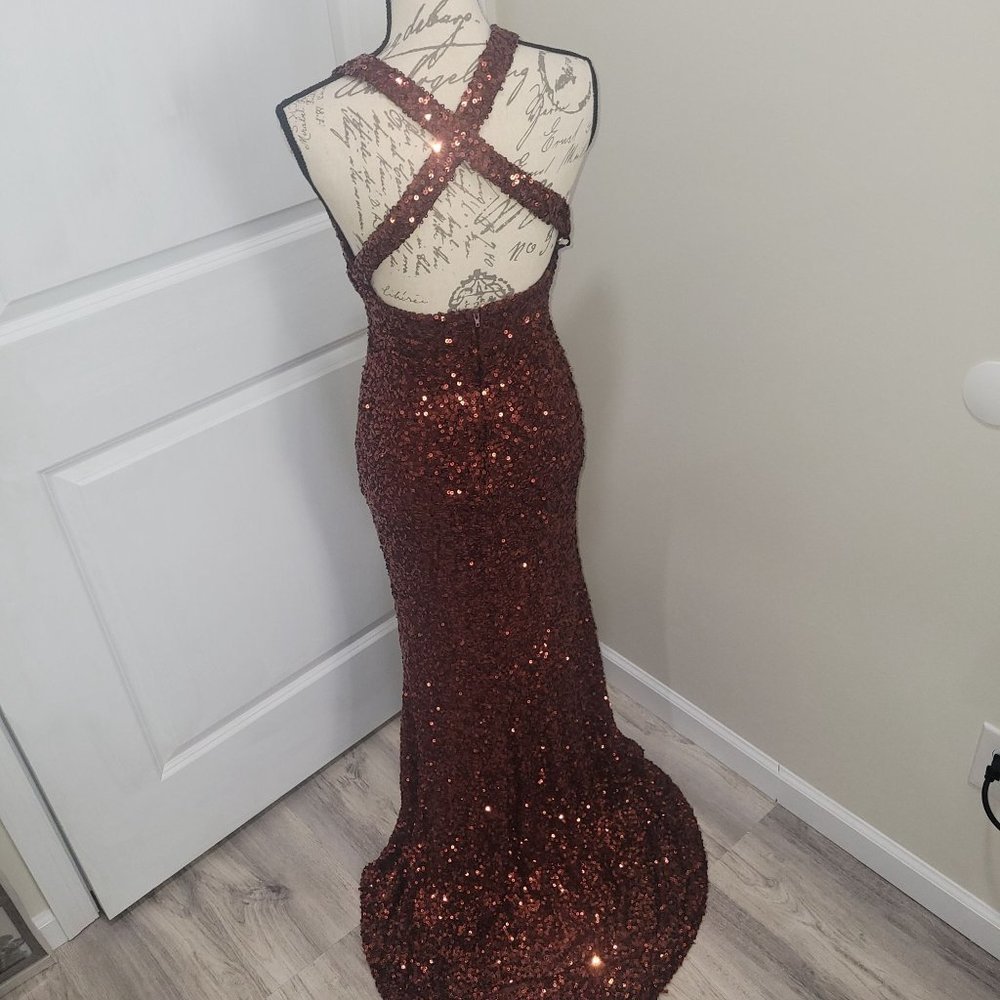 B. Darlin Sequin copper embellished split him mermaid style ball gown size 3/4 - Picture 14 of 16